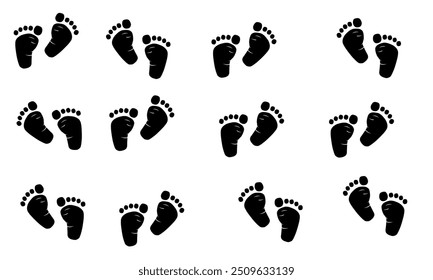 Patter silhouettes of baby footprints on a white background. There are two baby footprints facing different directions, with the toes clearly visible. The design is simple and minimalist