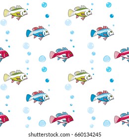 Patterm with colorful fishs and bubles for print on walpaper, textile, fabric. Hildren's and baby's seamless pattern