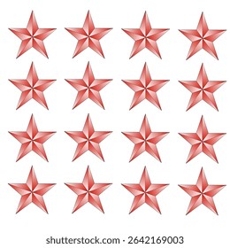 A pattern of 16 glossy red 3D stars arranged in a 4x4 grid on a white background, each star having five symmetrical points with a metallic shine