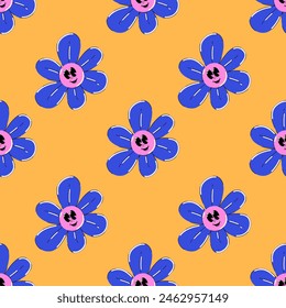 Pattern 2000s style. Flower character with eyes and smile face. Retro seamless background in y2k aesthetic. Vector illustration