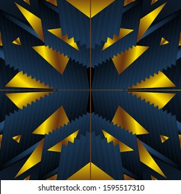 Pattern 3d. In gold and dark blue. Abstraction of geometric shapes. Vector image.