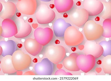  Pattern with 3D hearts in delicate shades on a pink background. For design of greeting card, poster, fabric, wrapper for Valentine's Day, Mother's Day, wedding and more.