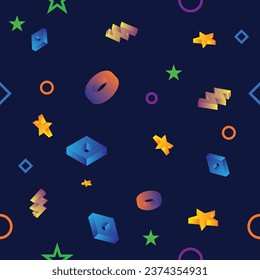 Muster 3D nahtlos.
Raum mit volumetrischen geometrischen Formen Vektor. Für Kinderbetten, Kleidung, Tapeten, Geschirr, Textilien. In hellen Neonfarben und dunklen Farben