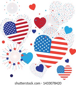 Pattern 4th of July Happy Independence Day symbols icons set Patriotic American flag, stars fireworks confetti balloons ribbon banner isolated on white red blue color flat design sign vector template