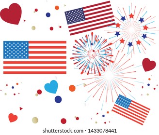 Pattern 4th of July Happy Independence Day symbols icons set Patriotic American flag, stars fireworks confetti balloons ribbon banner stickers on white red blue color flat design sign vector template