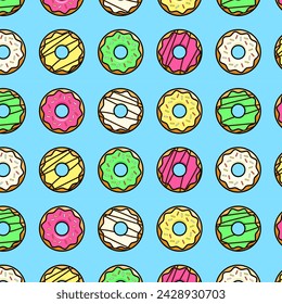 Pattern of 6 different donuts and blue background
