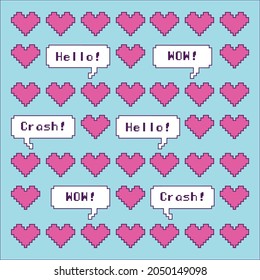 Pattern with 8 bit pixel art speech bubble and hearts. Social networks and messengers sticker.