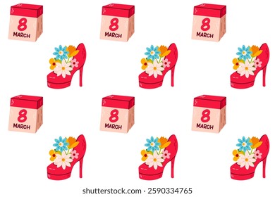 Pattern with 8 march calendar and hight heels with flowers. Women's day pattern