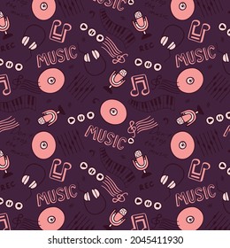 Pattern of 80's-90's style. Vector Illustration. Vector music instruments pattern on purple background