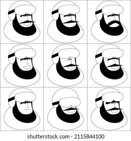 Muster von 9 Porträts eines Mannes mit Bart und Schnurrbart in einem Helm mit verschiedenen Gesichtsausdrücke. Schwarz-Weiß. Vektorgrafik.