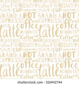 Pattern about the coffee. Letters of the alphabet written with a brush. Seamless background with latte words. Vector illustration with hand drawn alphabet.