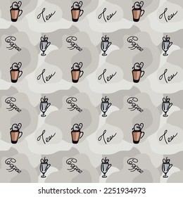 Pattern about coffee and tea. Seamless image with handwritten inscriptions. Design for paper, web, cover, fabric, t-shirt, poster, print, artwork, etc.