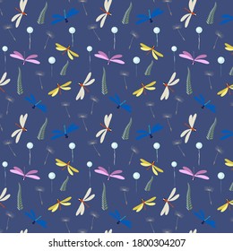 Pattern with about dragonflies and leaves
