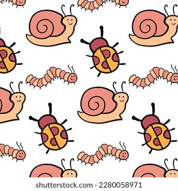 Pattern about gardening. Vector illustration with caterpillar and Colorado potato beetle. Gardener, gardening banner