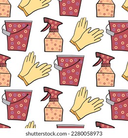 Pattern about gardening. Vector illustration with bucket, gloves, spray gun. Gardener, gardening banner