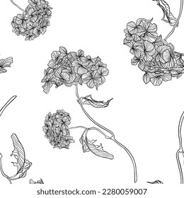 Pattern about gardening. Vector illustration of Hydrangea flower. Garden care logo. Gardener, gardening banner