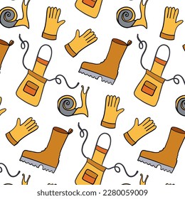 Pattern about gardening. Vector illustration with rubber boots, gloves, snail, apron. Gardener, gardening banner