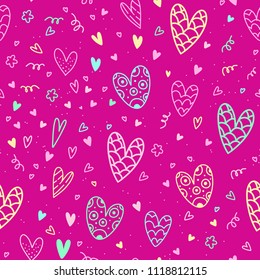 Pattern about love with differnt hearts. Valentine's Day. Wedding day. For a banner, postcard, poster. Doodle. Handdrawn.