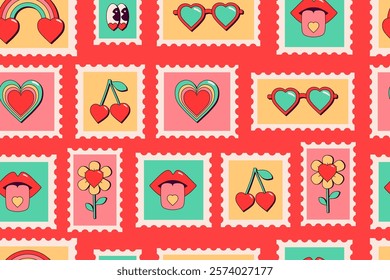 Pattern about love with postage stamps. Seamless pattern in retro style. Cherries, hearts, glasses, rainbow, eyes, lips and tongue, flower on red background. Vector illustrations of romantic objects.