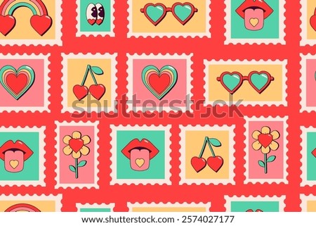 Pattern about love with postage stamps. Seamless pattern in retro style. Cherries, hearts, glasses, rainbow, eyes, lips and tongue, flower on red background. Vector illustrations of romantic objects.