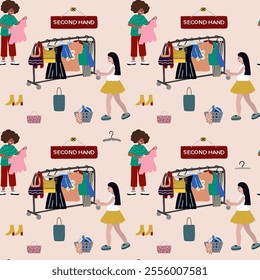 Pattern about second hand, clothes, shopping and reusing. Hand drawn vector artwork. There are bipoc people, rail, girl, bags. Design for flea market, sustainability, donation and thrifting theme.