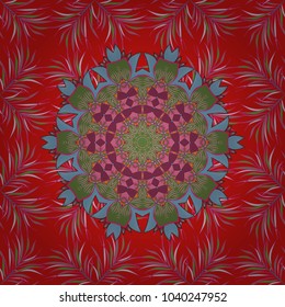 Pattern with abstract art flower for Tibetan yoga. Bohemian decorative element, indian henna design, vector retro circle. Mandala, tribal vintage sketch with a medallion on red, pink and green colors.