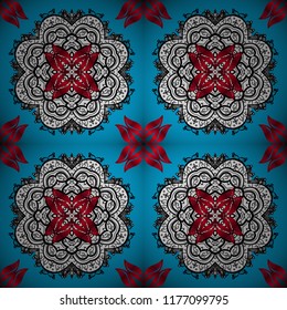 Pattern with abstract art flower for Tibetan yoga. Bohemian element, indian henna design, vector retro circle ornament. Mandala, tribal vintage sketch with a medallion on blue, black and white colors.