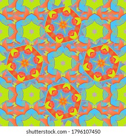 Pattern with abstract art flower for Tibetan yoga. Mandala, tribal vintage sketch with a medallion on blue, green and orange colors. Bohemian decorative element, indian henna design, vector ornament.