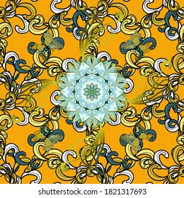 Muster mit abstrakter Kunstblume für tibetische Yoga. Dekoratives Element, indianisches Henna-Design, Retro-Circle-Ornament auf Gelb, Blau und Schwarz. Mandala-farbiger, tribaler Vintage-Hintergrund mit Medaille