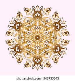 Pattern with abstract art flower for Tibetan yoga. Bohemian decorative element, indian henna design, vector circle ornament. Mandala gold, tribal vintage sketch with a medallion on pink background.