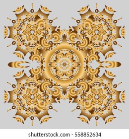 Pattern with abstract art flower for Tibetan yoga. Bohemian decorative element, indian henna design, retro circle ornament on gray. Mandala gold, tribal vintage background with a medallion.