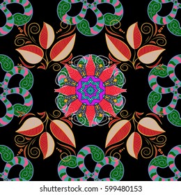 Pattern with abstract art flower for Tibetan yoga. Bohemian decorative element, indian henna design, vector retro circle ornament. Mandala, tribal vintage sketch with a medallion on black background.