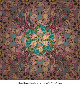 Pattern with abstract art flower for Tibetan yoga. Bohemian decorative element, indian henna design, retro circle ornament on. Mandala colored, tribal vintage background with a medallion.