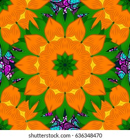 Pattern with abstract art flower for Tibetan yoga. Bohemian decorative element, indian henna design, retro circle ornament on blue. Mandala colored, tribal vintage background with a medallion.