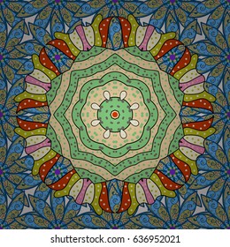 Pattern with abstract art flower for Tibetan yoga. Bohemian decorative element, indian henna design, retro circle ornament on blue. Mandala colored, tribal vintage background with a medallion.