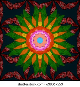 Pattern with abstract art flower for Tibetan yoga. Bohemian decorative element, indian henna design, retro circle ornament on blue. Mandala colored, tribal vintage background with a medallion.