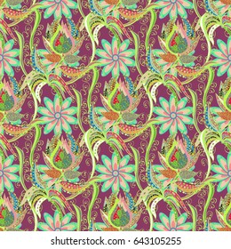 Pattern with abstract art flower for Tibetan yoga. Bohemian decorative element, indian henna design, retro circle ornament on blue. Mandala colored, tribal vintage background with a medallion.