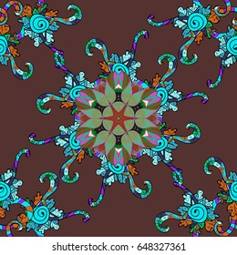 Pattern with abstract art flower for Tibetan yoga. Bohemian decorative element, indian henna design, retro circle ornament on blue. Mandala colored, tribal vintage background with a medallion.