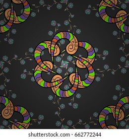 Pattern with abstract art flower for Tibetan yoga. Bohemian decorative element, indian henna design, retro circle ornament on yellow. Mandala colored, tribal vintage background with a medallion.