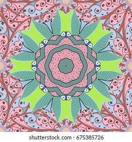 Pattern with abstract art flower for Tibetan yoga. Bohemian decorative element, indian henna design, retro circle ornament on. Mandala colored, tribal vintage background with a medallion.