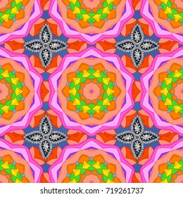 Pattern with abstract art flower for Tibetan yoga. Bohemian element, indian henna design, vector retro circle ornament. Mandala, tribal vintage sketch with a medallion on orange, pink, green colors.