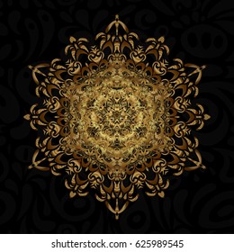 Pattern with abstract art for Tibetan yoga. Bohemian decorative element, indian henna design, vector retro circle ornament. Mandala gold, tribal vintage sketch with a medallion on black background.
