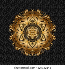 Pattern with abstract art for Tibetan yoga. Bohemian decorative element, indian henna design, retro circle ornament on black. Mandala gold, tribal vintage background with a medallion.