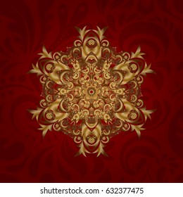 Pattern with abstract art for Tibetan yoga. Bohemian decorative element, indian henna design, retro circle ornament on red. Mandala gold, tribal vintage background with a medallion.