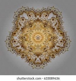 Pattern with abstract art for Tibetan yoga. Bohemian decorative element, indian henna design, vector retro circle ornament. Mandala gold, tribal vintage sketch with a medallion on gray background.