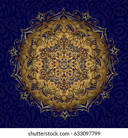 Pattern with abstract art for Tibetan yoga. Bohemian decorative element, indian henna design, retro circle ornament on blue. Mandala gold, tribal vintage background with a medallion.