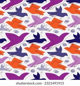 Pattern with abstract birds. Inspired by Matisse. Line and spot. Orange, blue, purple. Simply. Light gray background. for textiles, fashion, wrapping