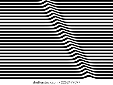 Pattern with Abstract Black and White Optical Illusion. Horizontal Stripes Background with Ripple Effect. Vector Wave Illustration