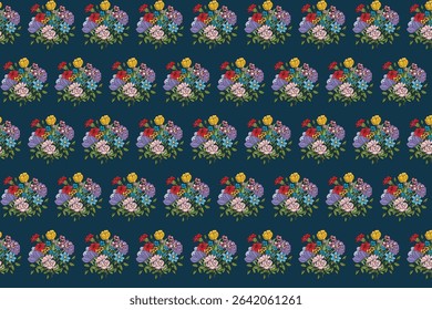Pattern of abstract bouquet flower with leaf on deep blue background.