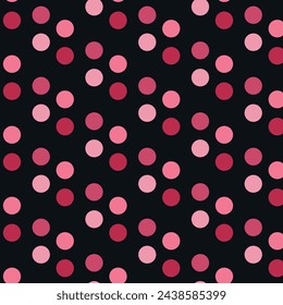 The pattern is abstract. Bright pink circles on a dark background. Factory textiles.
